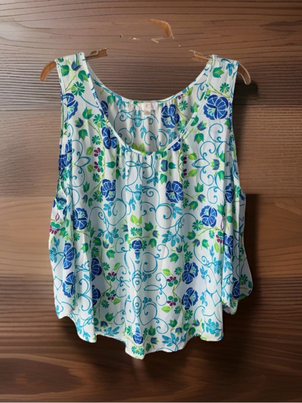 C Floral Scoop Neck Tank-White, Blue, & Green w/Cold Shoulder Long Sleeve-M-EC